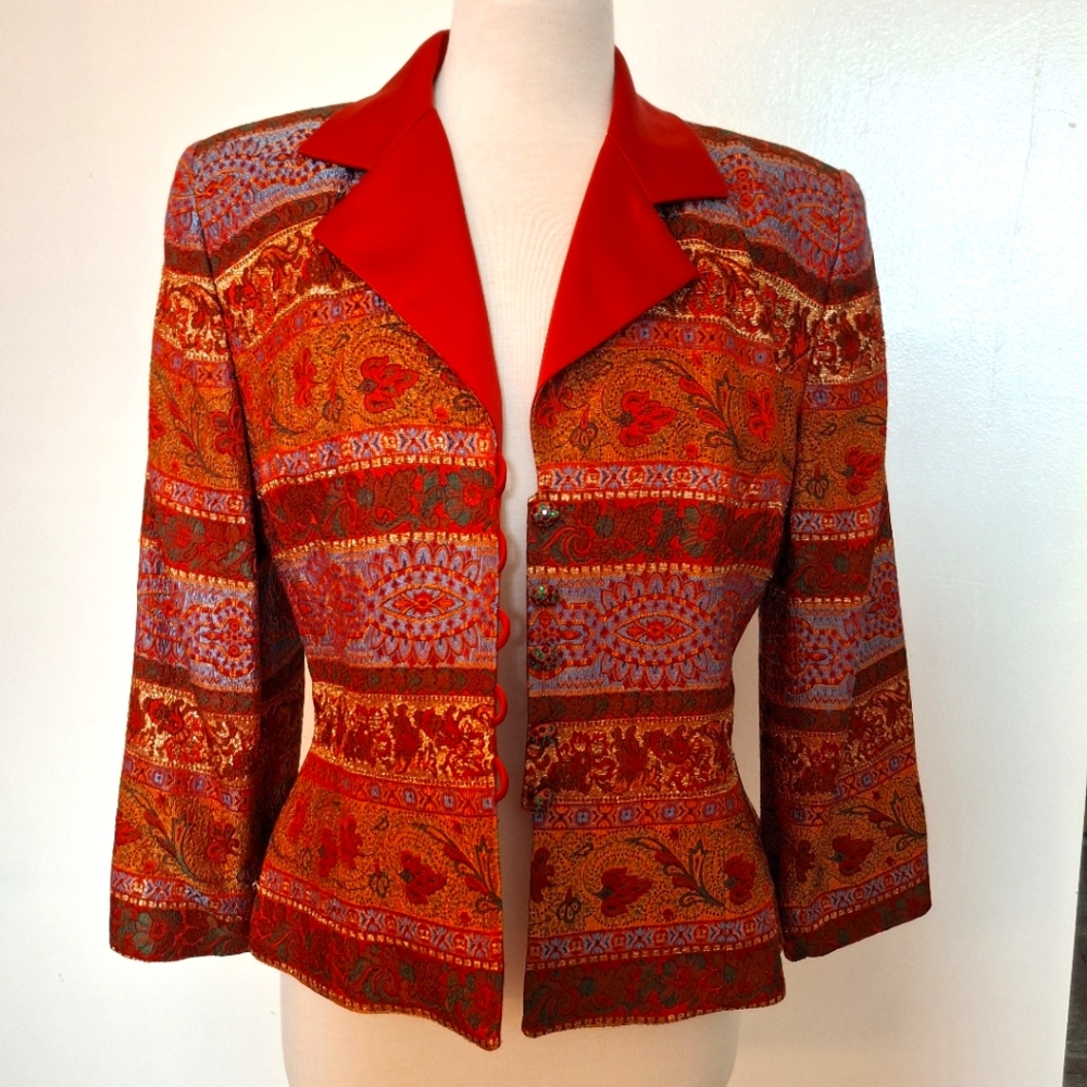 Vintage Victor Cost Nahdree Jacket Evening Rhinestone Buttons Satin Red Gold